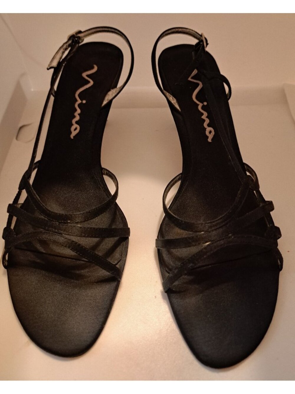 Nina Women's 10 M Strappy High Heel Black Luster Satin Evening Shoes Sandals